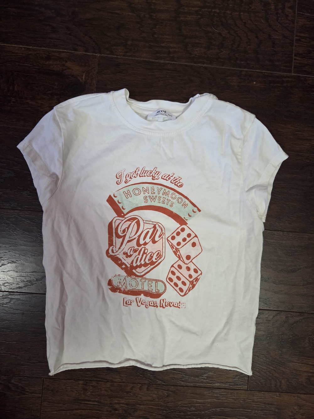 Ardene White Crop Tee with Red Graphic Dice Print